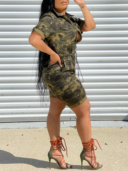 Plus Size Camo Print Drawstring Romper