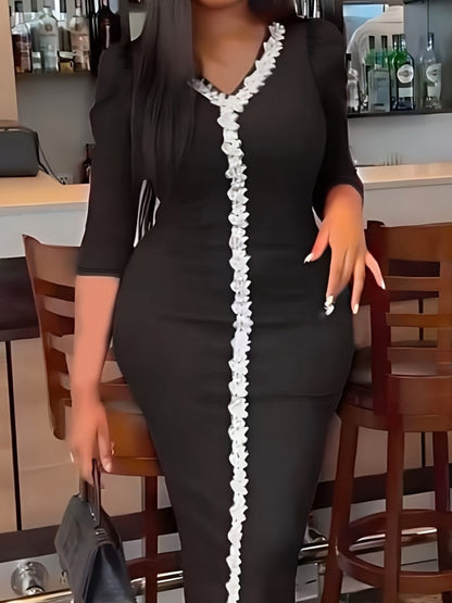 Plus Size V Neck Flounce Design Bodycon Dress