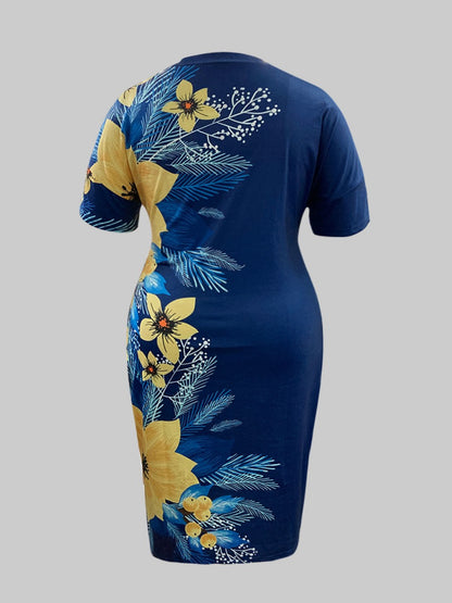 Plus Size Floral Print Pocket Design Dress