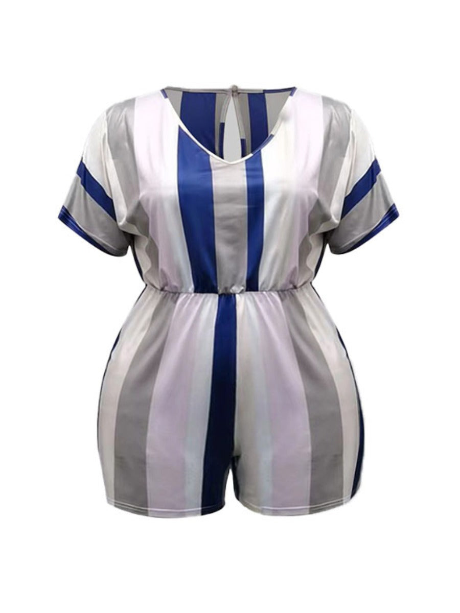 Plus Size V Neck Striped Romper