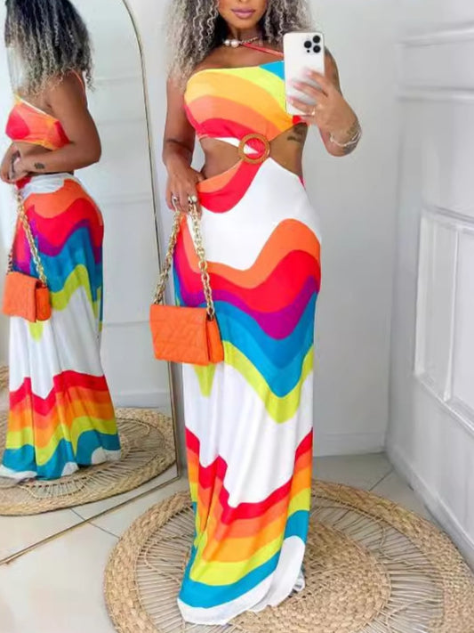 Rainbow Striped Ring Decor Cut Out Cami Dress