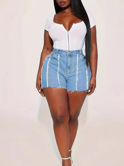 Plus Size Mid Waist Raw Edge Denim Shorts