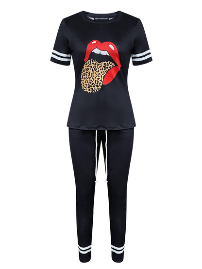 Leopard Lip Print Striped Drawstring Pants Set