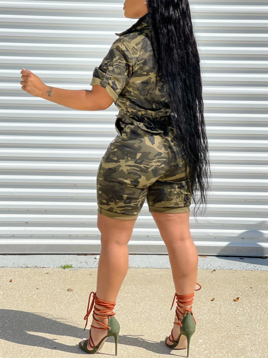 Plus Size Camo Print Drawstring Romper