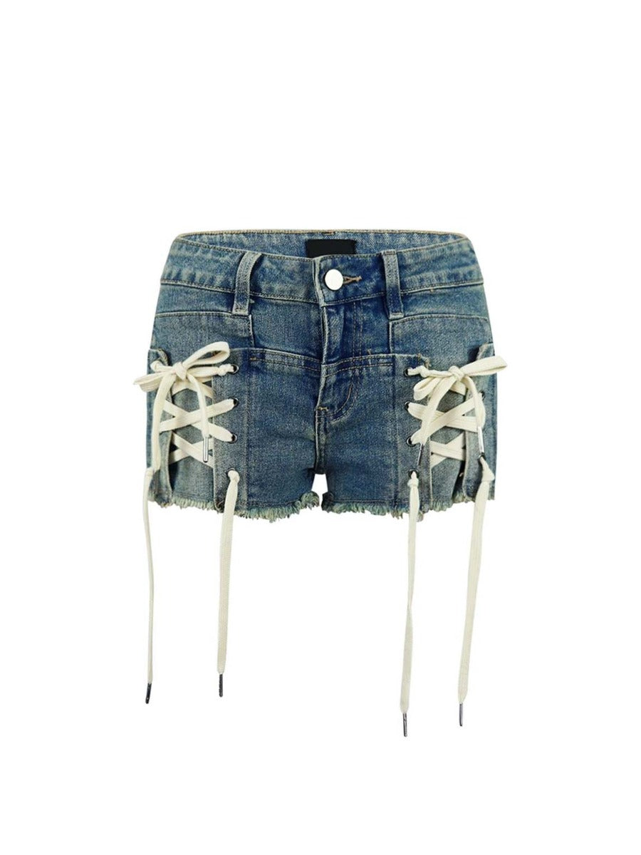 Bandage Design Raw Edge Denim Shorts