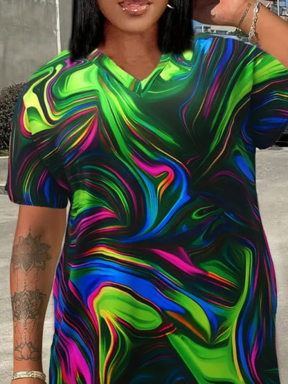 Plus Size V Neck Mixed Print Pocket Design Dress