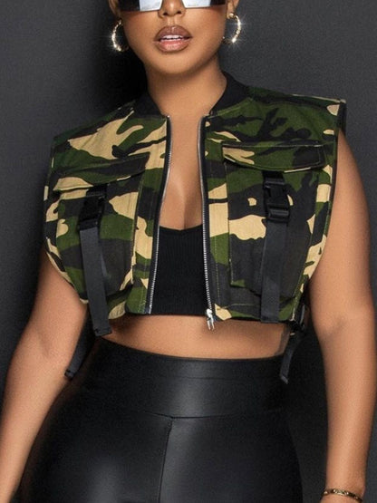 Camo Print Crop Top Buckle Design Blouse