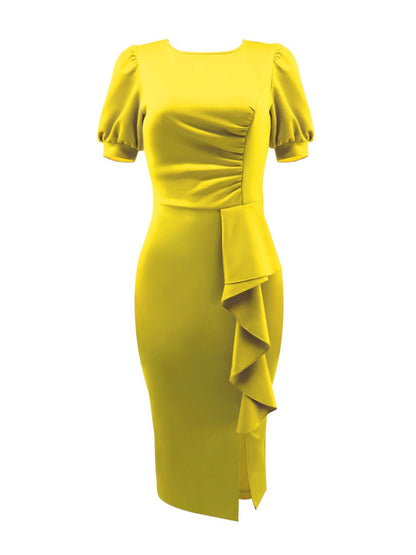 Plus Size Puff Sleeve Flounce Design Slit Dress