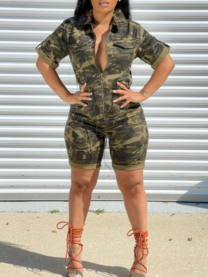 Plus Size Camo Print Drawstring Romper