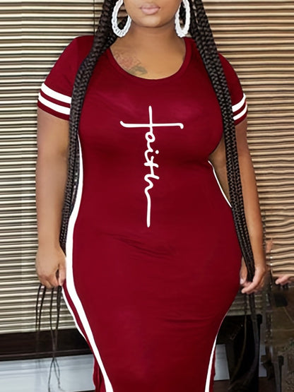 Plus Size Faith Letter Print Striped Bodycon Dress