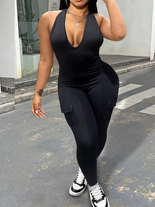 Plus Size Backless Side Pocket Jumpsuit