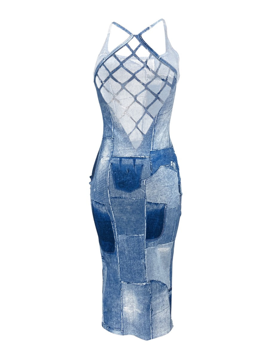 Imitation Denim Cut Out Bodycon Dress