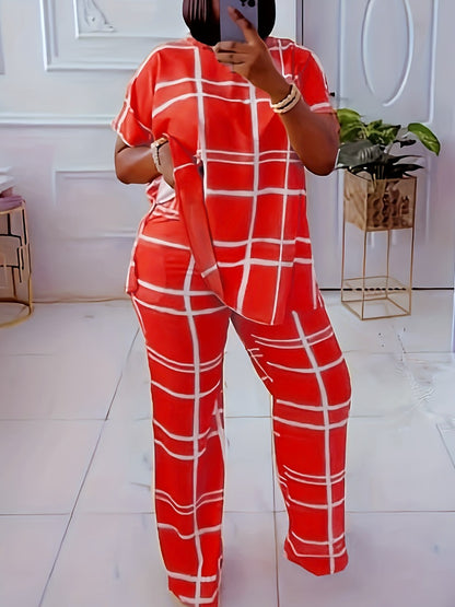 Plus Size Plaid Print Side Split Wide Leg Pants Set