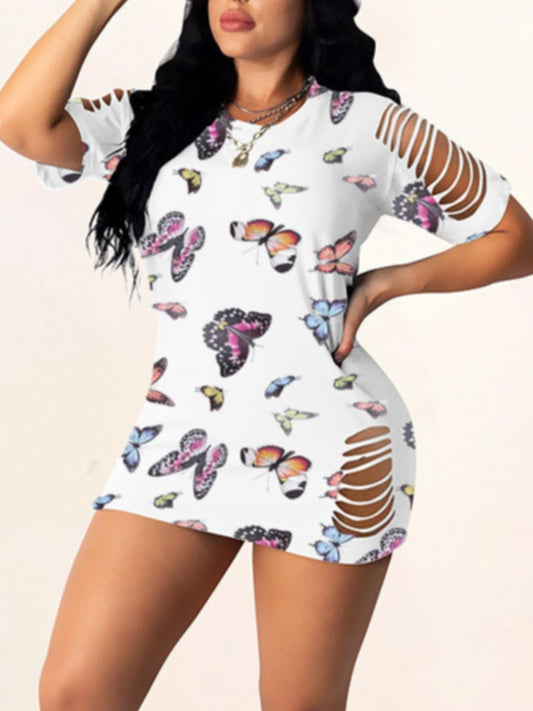 Butterfly Print Ripped T-shirt Dress