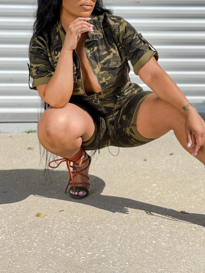 Plus Size Camo Print Drawstring Romper