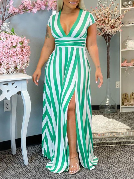 Plus Size V Neck Striped Thigh Slit Dress