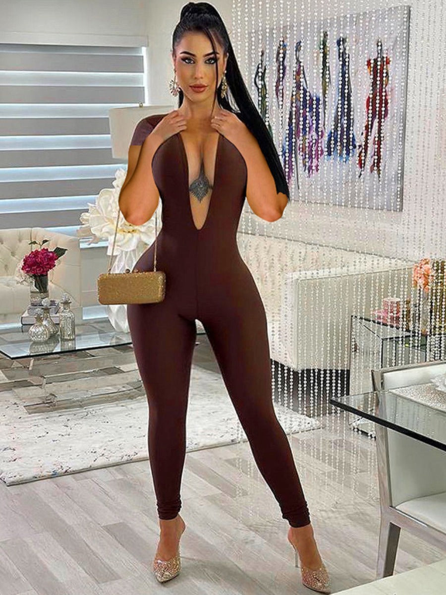 Deep V Neck Backless Skinny Jumpsuit