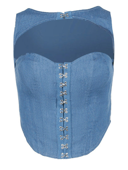 Round Neck Metal Decor Cut Out Denim Top