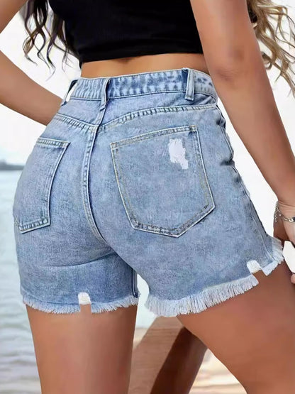 Plus Size Floral Print Ripped Raw Edge Denim Shorts