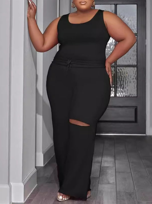 BASICS Plus Size Cami Ripped Drawstring Pants Set