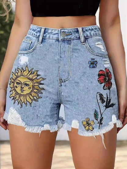 Plus Size Floral Print Ripped Raw Edge Denim Shorts